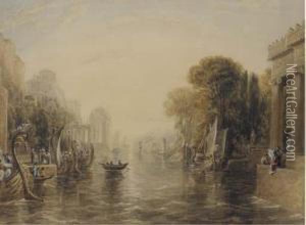Classical Figures In An Arcadian Landscape Oil Painting - William Linton