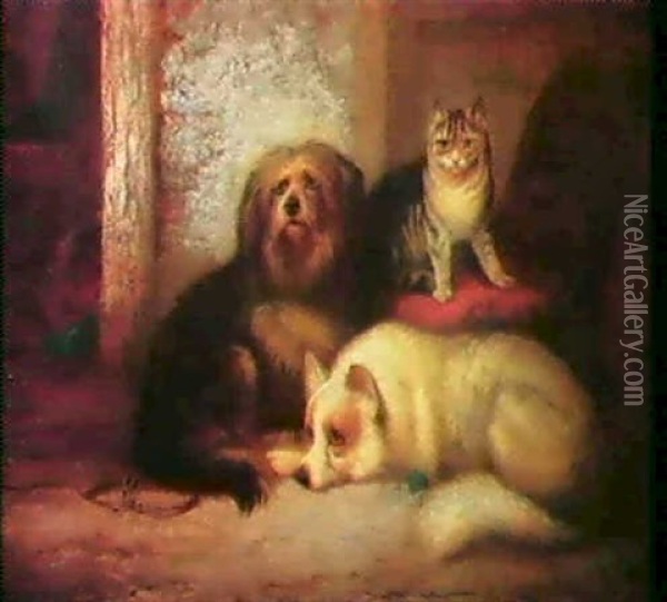 Stubeninterieur Mit Hunden Undkatzen Oil Painting - George Hepper