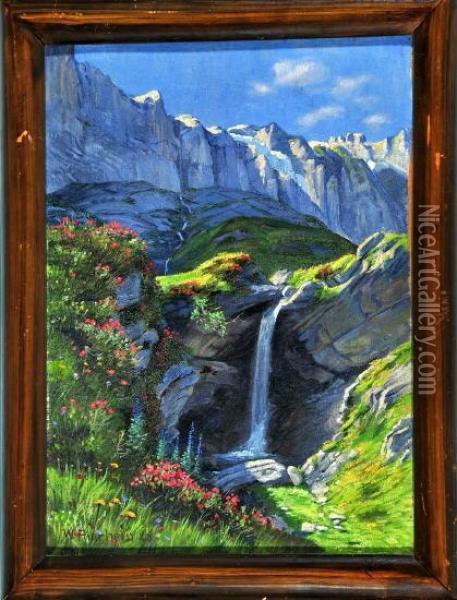 Wasserfall In Bluhender Gebirgslandschaft Oil Painting - Wilhelm Amrhein