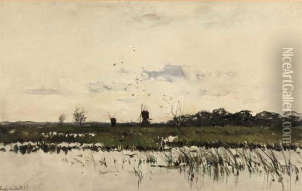 Mills In A Polder Landscape Oil Painting - Fredericus Jacobus Van Rossum Du Chattel