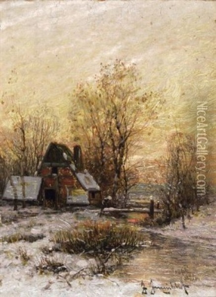 Winterlandschaft Im Abendlicht Oil Painting - Johann Jungblut