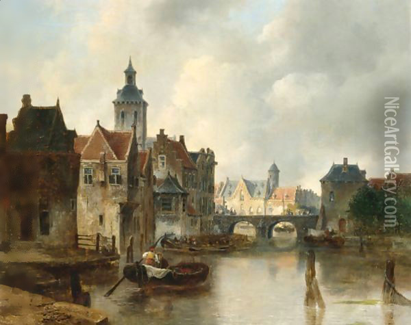 View Of A Canal In A Dutch Town Oil Painting - Antonie Waldorp