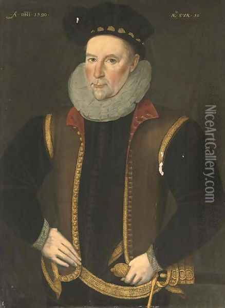 Portrait of a gentleman, half-length, in a brown waistcoat with gold trim Oil Painting - English School