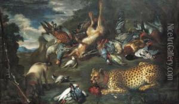 A Hunting Still Life With A Dead
 Hare, A Pheasant, A Mallard Andother Birds, With A Pointer And A 
Cheetah Oil Painting - Ferdinand Phillip de Hamilton