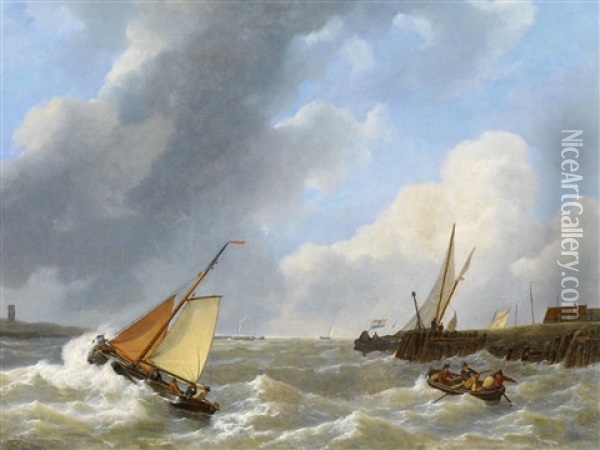 Boote Bei Sturmischer See In Der Flussmundung Oil Painting - Petrus Jan (Johannes) Schotel