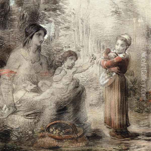 A Peasant Girl Offering Flowers to a Woman and Child Oil Painting - William (P.) Babcock