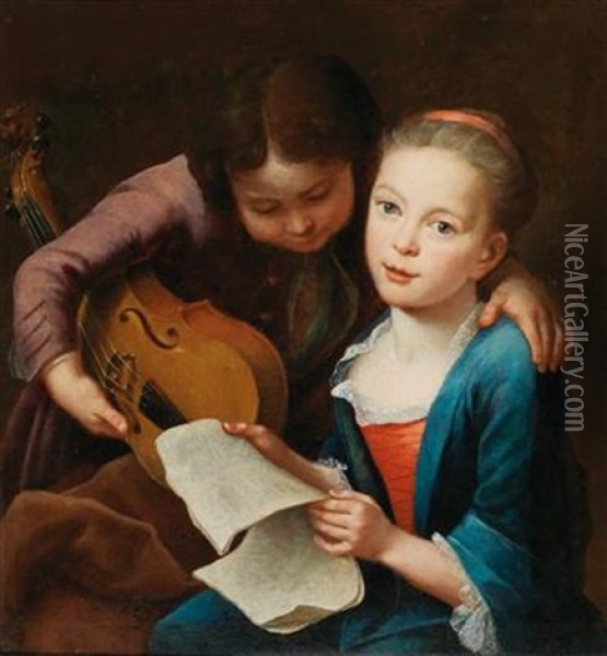 Two Children Making Music Oil Painting - Gottfried Eichler the Elder