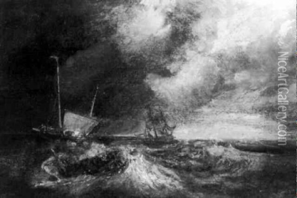 Ship Rescue In A Violent Sea Oil Painting - Louis-Gabriel-Eugene Isabey