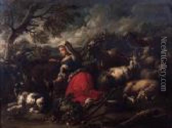 A Milkmaid With Goats, Sheep And A Dog, In An Italianatelandscape Oil Painting - Philipp Peter Roos
