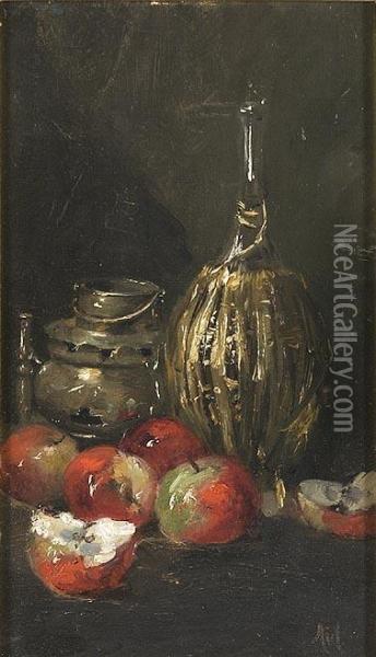 Still Life With Winebottle And Apples. Oil Painting - George Charles Aid