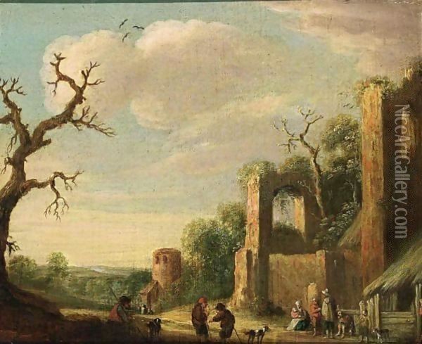 A Landscape With Figures Conversing Near Ruins Oil Painting - Joost Cornelisz. Droochsloot