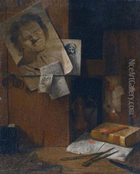 A Corner Of The Artist's Studio: A Trompe L'oeil Still Life With Sheets Of Drawings, Keys, A Pince-nez, Books And Writing Instruments Oil Painting - Antonio Cioci