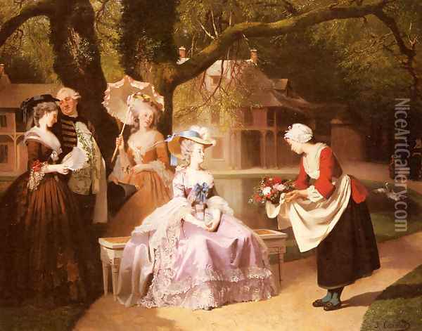 Marie Antoinette and Louis XVI in the Garden of the Tuileries with Madame Lambale Oil Painting - Joseph Caraud