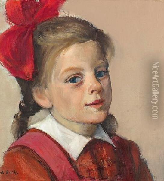 Portrat Eines Madchens Mit Roter Schleife. Oil Painting - Anna Boch
