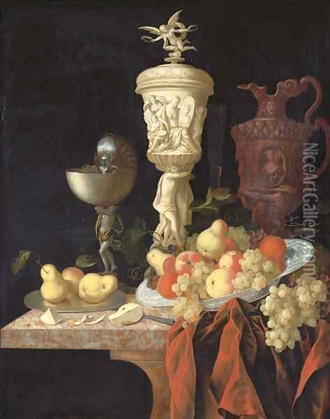 A nautilus cup, a sculpted marble urn, a sculpted porphyry jug and other vessels with oranges, apples, pears and grapes in a blue and white porcelain Oil Painting - Johann Georg (also Hintz, Hainz, Heintz) Hinz