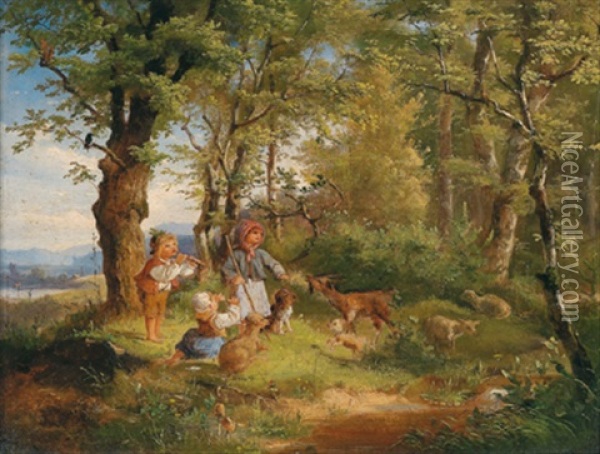 Waldidylle Mit Kleinen Hirten Oil Painting - Ludwig (Adrian) Richter