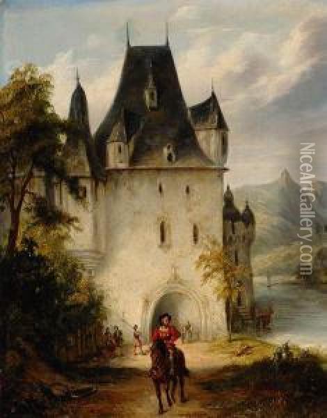 Knight On Horseback By The Castle Oil Painting - Wijnandus Johannes Josephus Nuyen