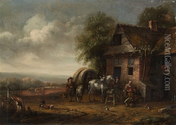Landscape With A Farmhouse And Resting Travellers Oil Painting - Cornelisz van Essen