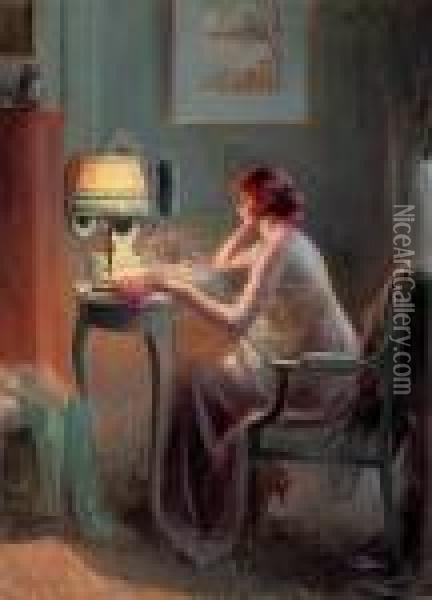 Reflections By Lamplight Oil Painting - Delphin Enjolras