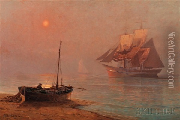 Luminous Shore View With Sailing Vessels Oil Painting - Alexei Vasilievitch Hanzen