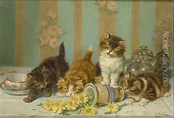 Vier Katjes Bij Omgevallen Vaas Met Gele Bloemen Oil Painting - Daniel Merlin