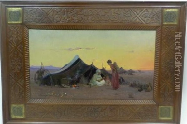 Campement De Bedouins A La Tombee Du Jour Oil Painting - Jacques Elie Abraham Hermanjat
