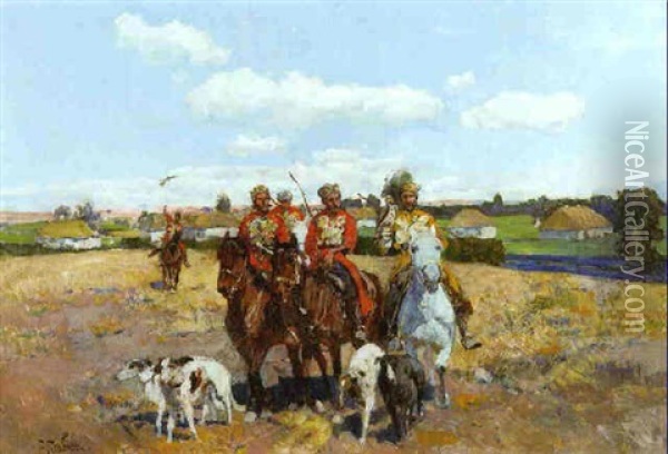 Tscherkessen Uberqueren Mit Ihren Pferden Ein Abgemahtes Kornfeld Oil Painting - Franz Roubaud
