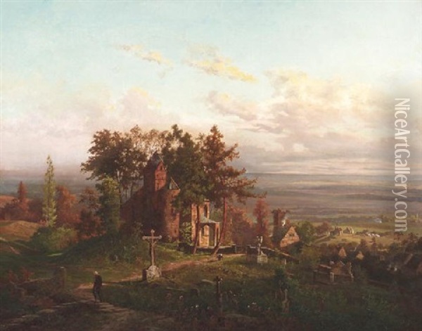 Blick In Ein Weites Sommerliches Tal Mit Einer Alten Romantischen Kapelle Am Friedhof Oil Painting - Alfred Von Ernst