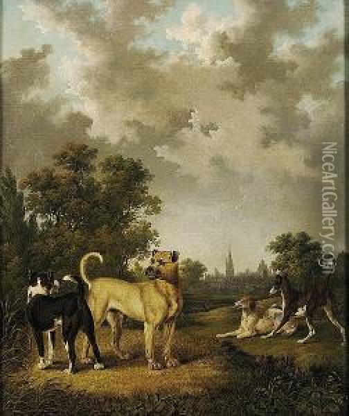 A Mastiff, A Greyhound And A Setter In A Landscape With A Town Beyond Oil Painting - Charles Towne