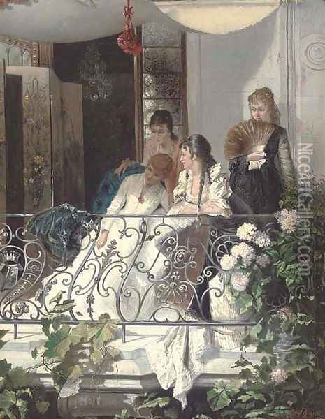 Elegant company on a balcony Oil Painting - Josef Gisela