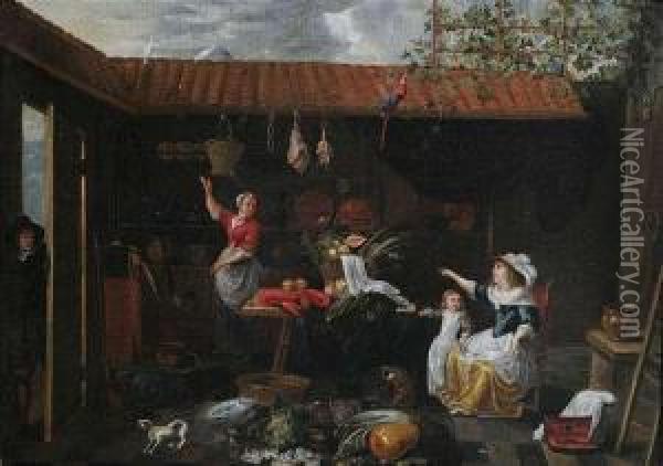 Courtyard Scene With Provisions, 
Maidservant And Mistress Oil Painting - Jan Van Buken