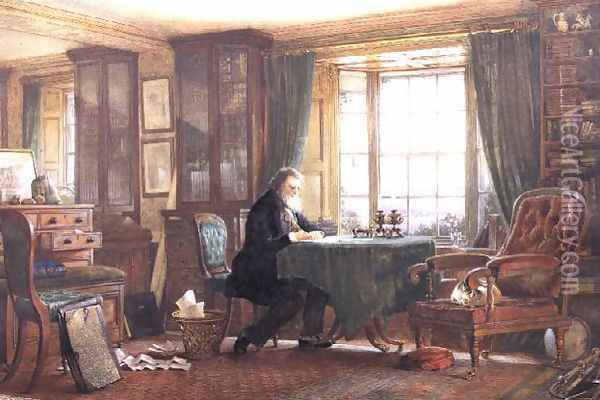 John Ruskin in his study at Brantwood, Cumbria, 1882 Oil Painting - William Gersham Collingwood