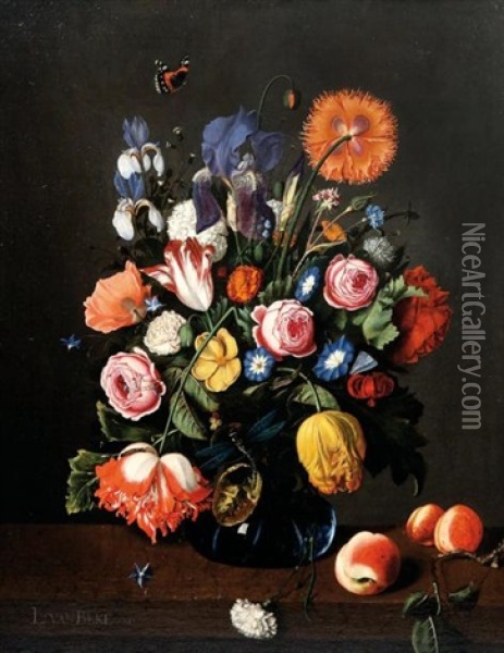 Bouquet De Fleurs Dans Un Vase En Verre Et Branche D'abricotier Poses Sur Un Entablement Oil Painting - Leendert van Beke