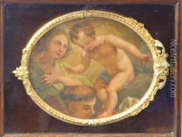 The Baby Jesus And St John, Fragment In Oval Frame Oil Painting - Nicolas Poussin