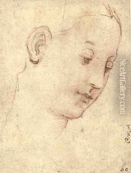 Head of the Madonna, in three-quarter profile to the right Oil Painting - Raphael