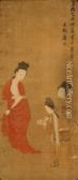 Court Lady With Two Attendants: Oil Painting - Tang Yin