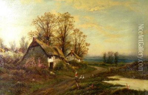 Thatched Cottages In A Wooded Landscape Oil Painting - W.W. Cuffyn