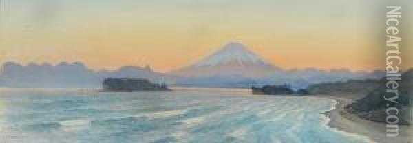 Mount Fuji From Shichirigahama Beach, Japan; A Japanese Garden In Bloom Oil Painting - Charles A., Wirgman Jnr.