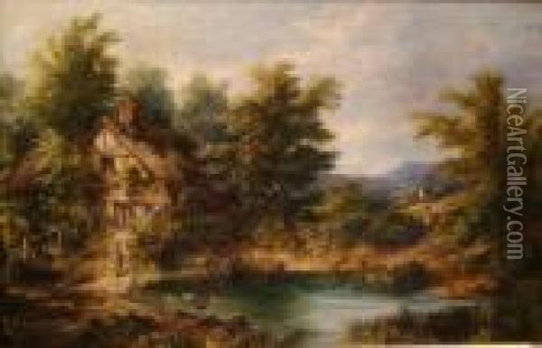 A Pastoral Landscape With A 
Woman And Children Feeding Ducks At Aduck Pond, And A Man Standing At A 
Stile Oil Painting - Joseph Thors