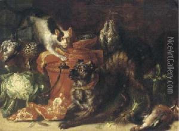 A Dog And A Cat In A Kitchen Interior With Game Andvegetables Oil Painting - Felice Boselli Piacenza