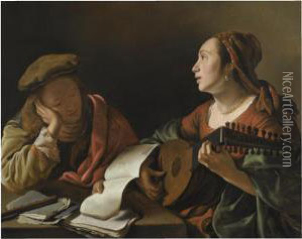 A Young Lady Playing The Lute To
 A Young Man Reading, Or 'anallegory Of Sight And Hearing' Oil Painting - Govert Teunisz. Flinck