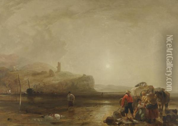 A Coastal Scene With Figures Bargaining For Fish Oil Painting - Sir Augustus Wall Callcott