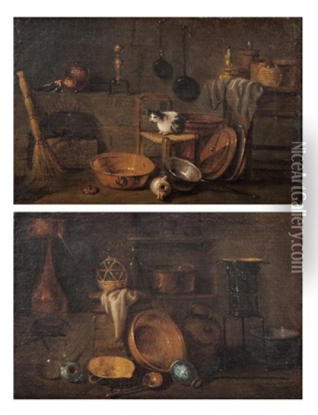 Interieur De Cuisine Avec Un Chat; Interieur De Cuisine Avec Un Poele (pair) Oil Painting - Giovanni Domenico Valentino