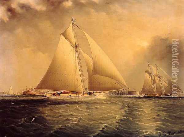 Yachting in New York Harbor Oil Painting - James E. Buttersworth