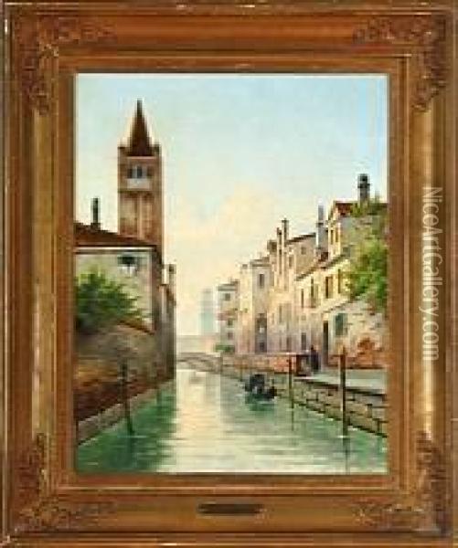 A Canal Scenery From Venice Oil Painting - Harald Peter W. Schumacher