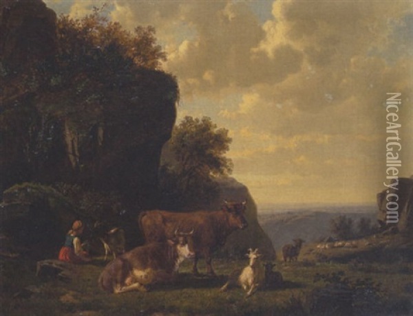 Kleine Hirten Mit Ziegen Und Kuhen Oil Painting - Wilhelm Kuehling