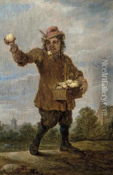 A Fruit Seller In A Landscape, A Village Beyond Oil Painting - David The Younger Teniers