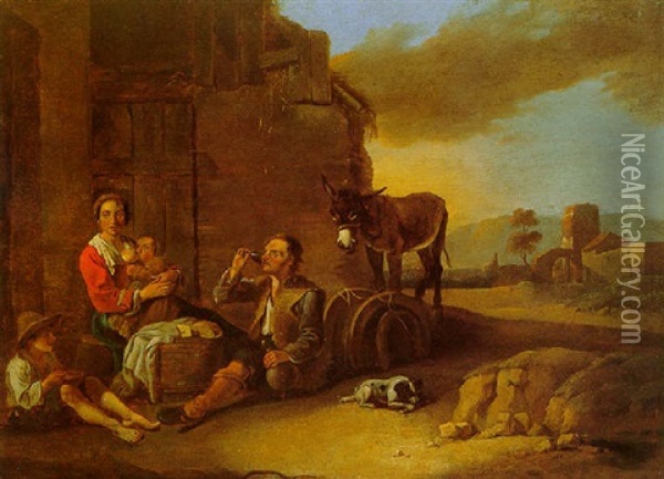 An Italianate Landscape With A Woman Suckling Her Child And A Man Drinking By A Cottage Oil Painting - Antoon Goubau