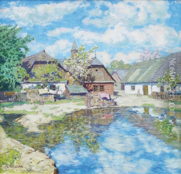 At A Pond Oil Painting - Alois Kalvoda
