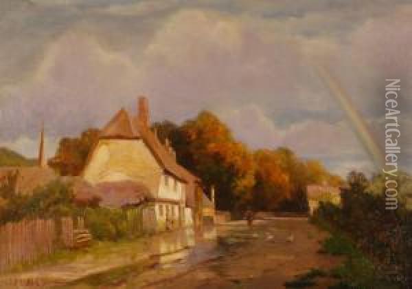 Rainbow Over A Rural Village Oil Painting - Frederick Milner
